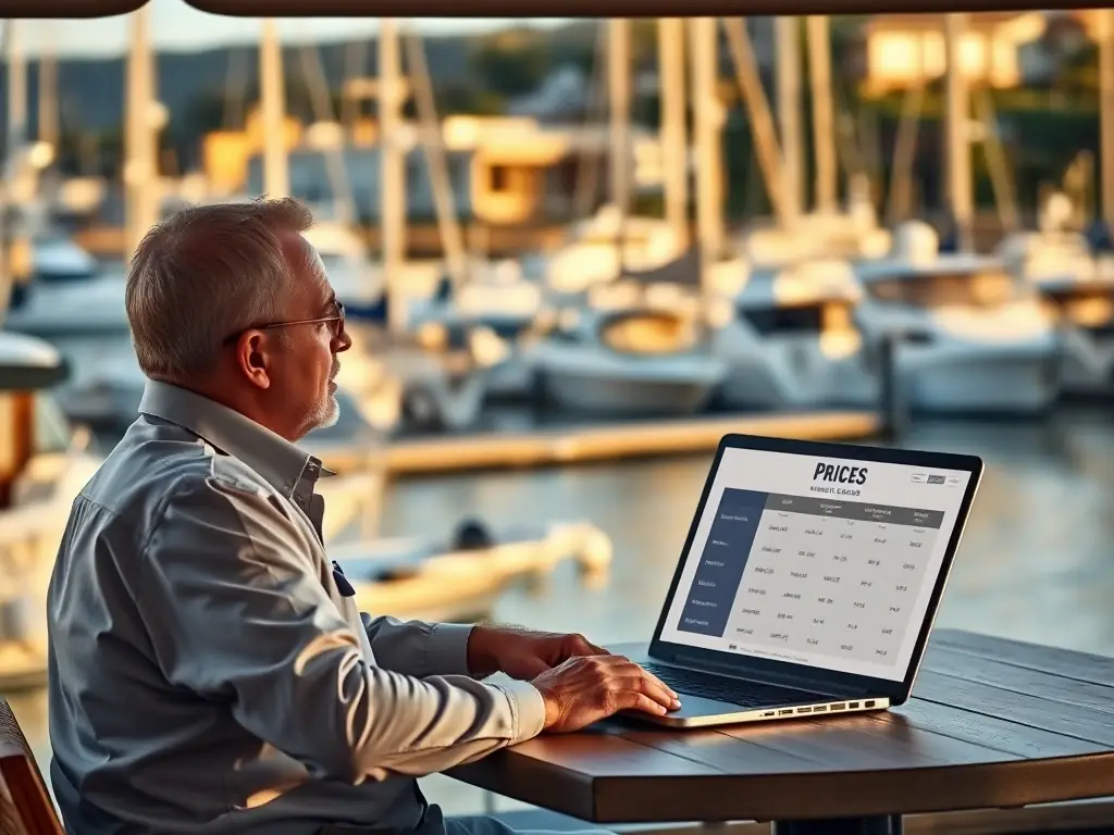 An image of a marina manager reviewing a pricing chart on a laptop with marina assets in the background, illustrating the pricing and plan guidance service.