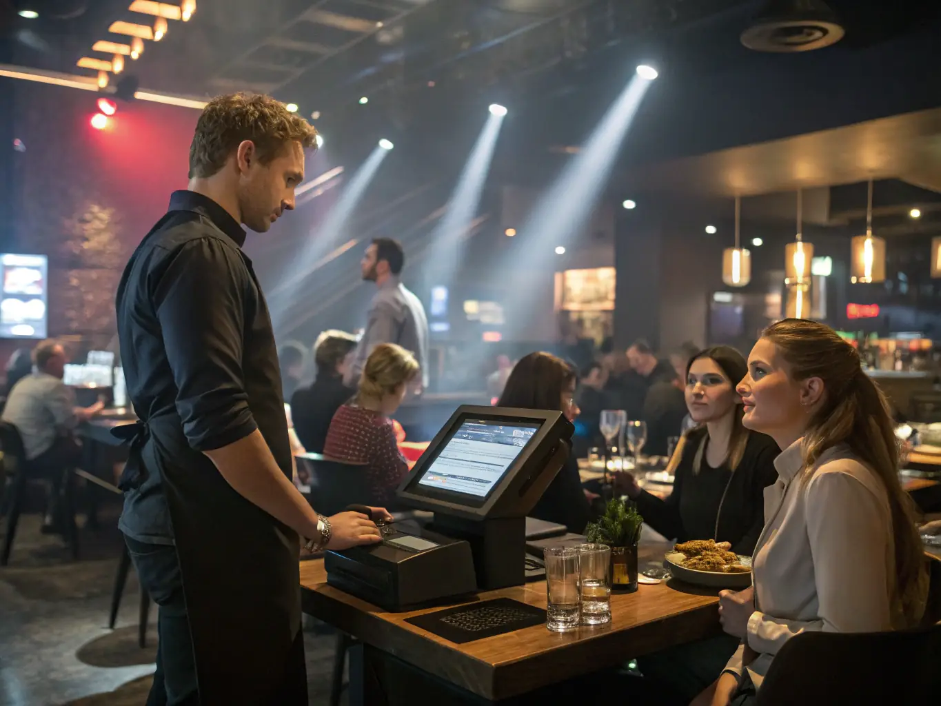 A marina restaurant POS system powered by Sharper MMS, showing a seamless transaction with integrated inventory management and customer billing.