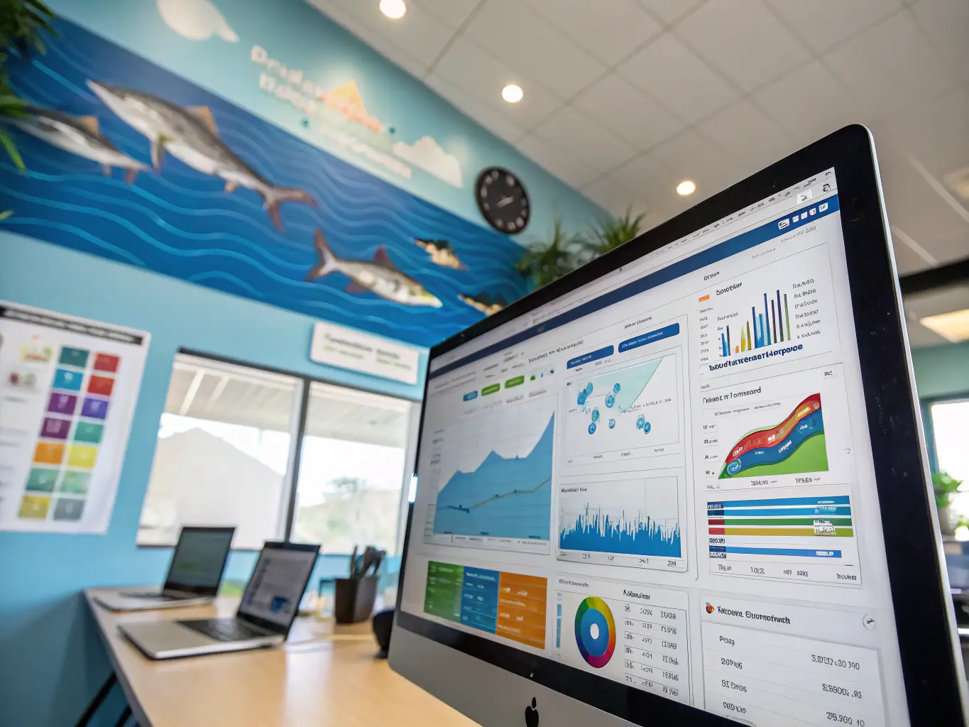 A marina office scene with staff efficiently using Sharper MMS on their computers, showcasing the all-in-one platform managing various aspects of marina operations.