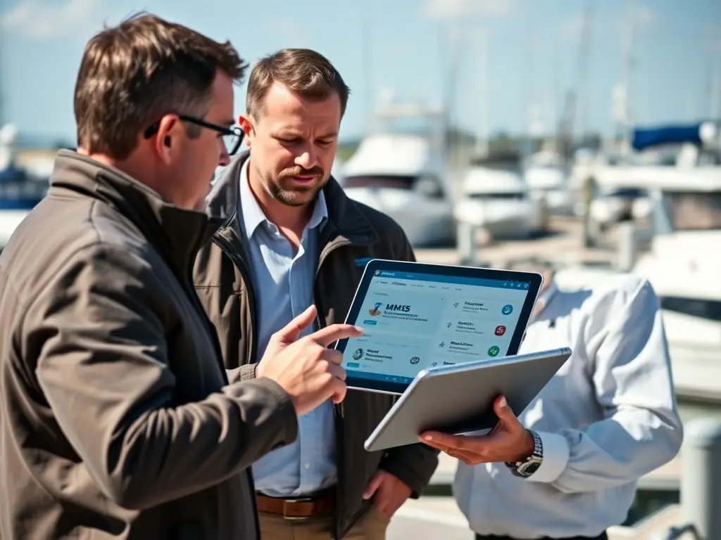 An image of a marina manager viewing a digital demo of Sharper MMS on a tablet with marina facilities in the background, showcasing the personalized demo service.