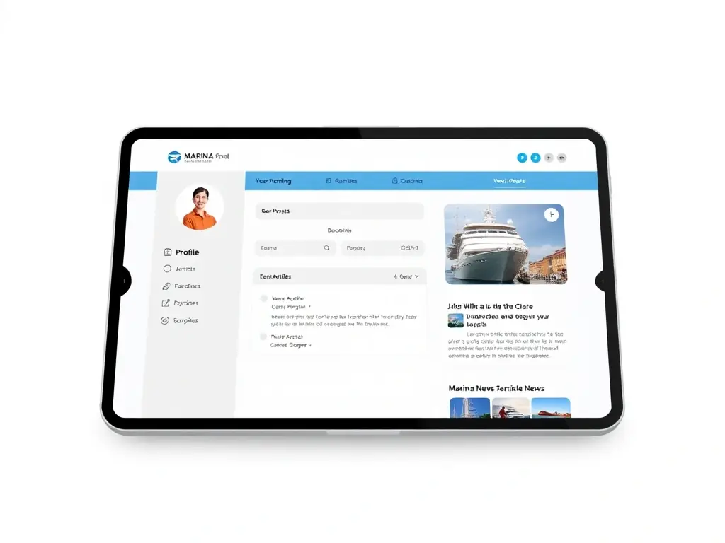 A tablet displaying the Sharper MMS booking interface, showing real-time availability and easy online booking for marina customers.