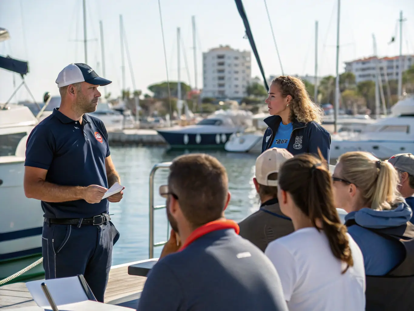 An image of a trainer conducting a workshop with marina staff using laptops and tablets, demonstrating the implementation and training support service.